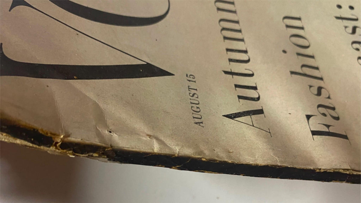 Close-up of the August 15, 1955 Vogue Magazine showing the date 'AUGUST 15' beneath the title, highlighting vintage magazine characteristics.