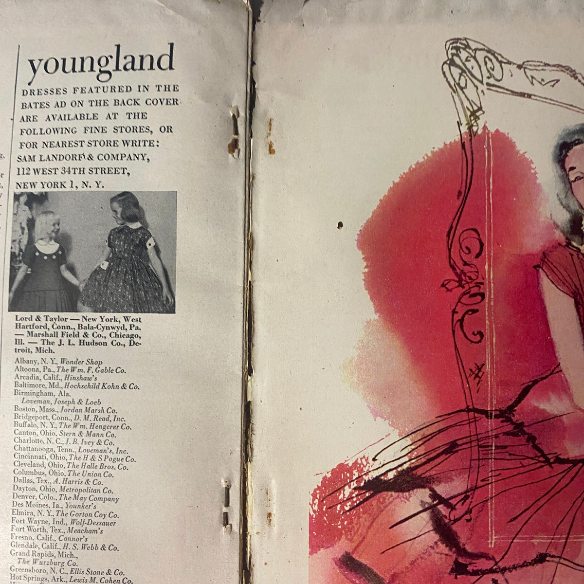 Advertisement for Youngland dresses found in Vogue Magazine August 15, 1955, detailing available stores and showcasing elegant children's fashion.
