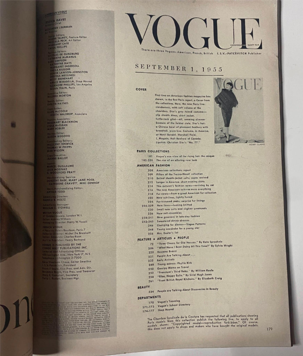 Table of contents from Vogue Magazine September 1, 1955 Renée Breton Cover by Henry Clarke, showcasing articles on Paris collections and American fashion.