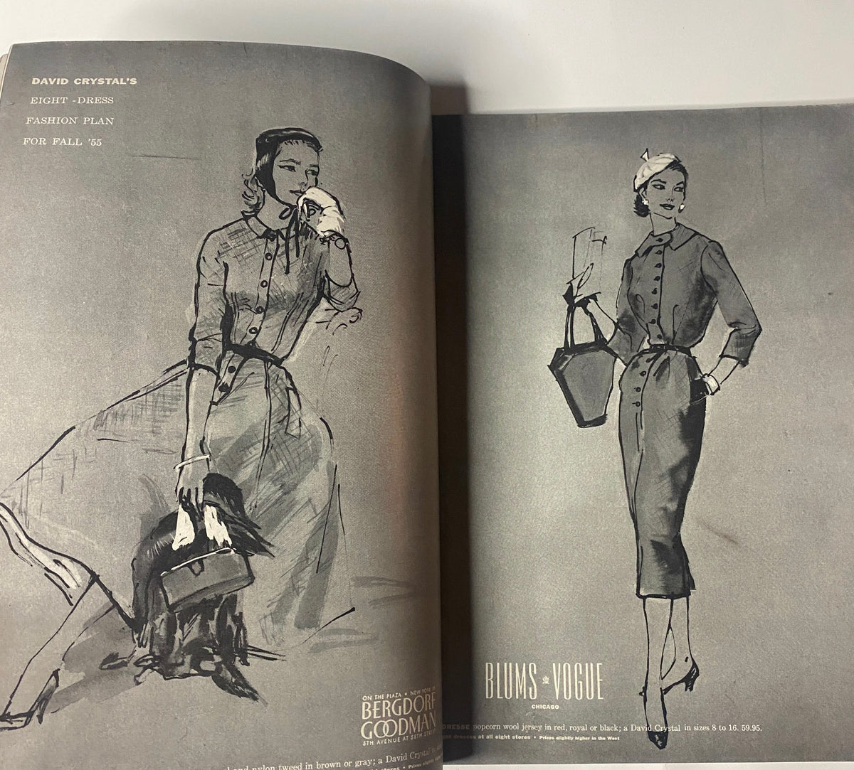Fashion sketches from Vogue Magazine September 1, 1955 Renée Breton Cover by Henry Clarke, presenting stylish designs for fall 1955 from David Crystal.