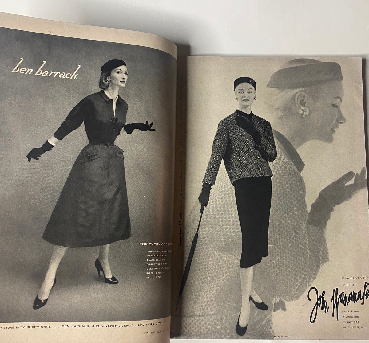 Advertisement showcasing sophisticated women’s fashion from Ben Barrack in Vogue Magazine September 1, 1955 Renée Breton Cover by Henry Clarke, highlighting timeless styles.