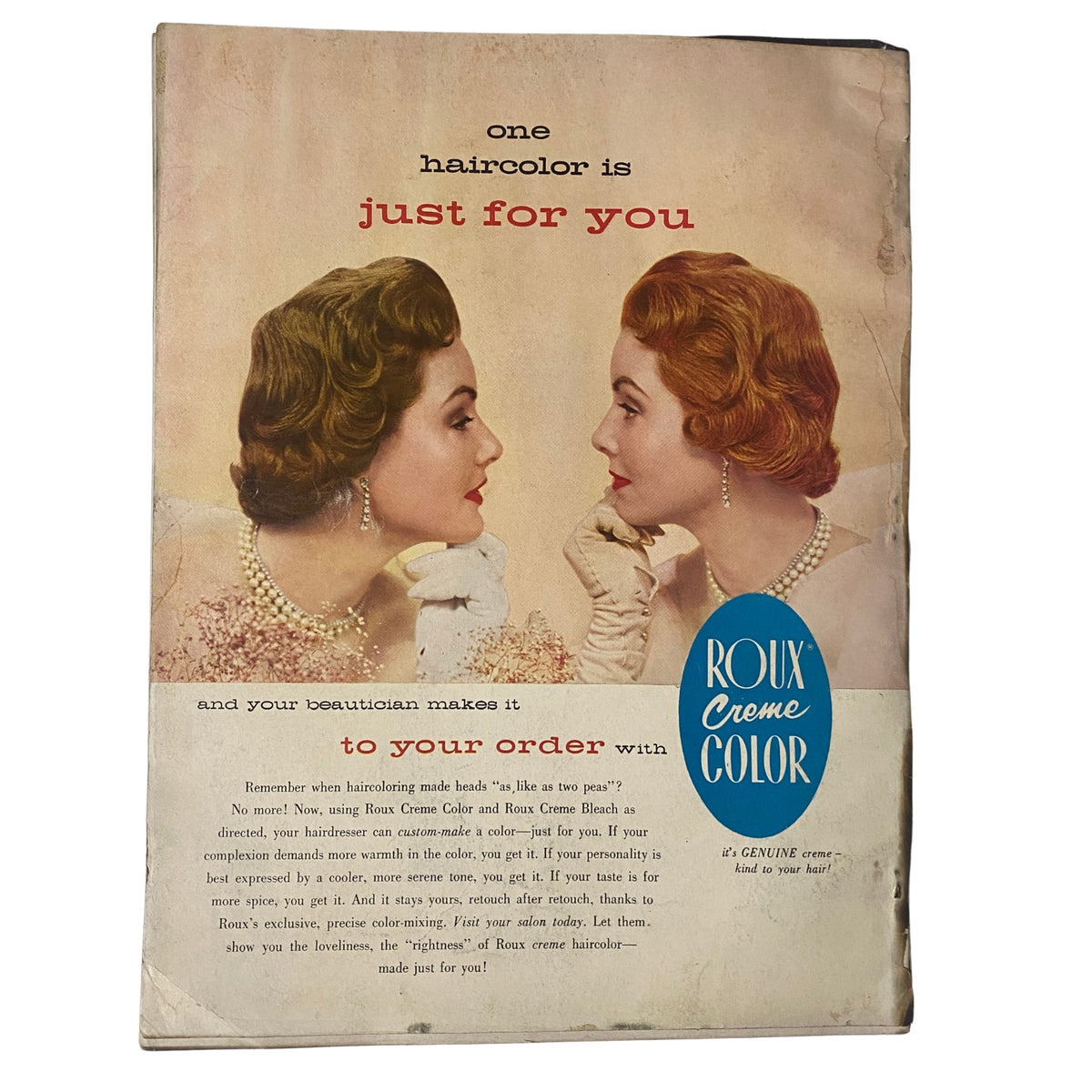 Advertisement page from a vintage magazine featuring Roux Creme Color, complementing the Vogue Magazine September 1, 1955 Renée Breton Cover by Henry Clarke with beauty aesthetics.