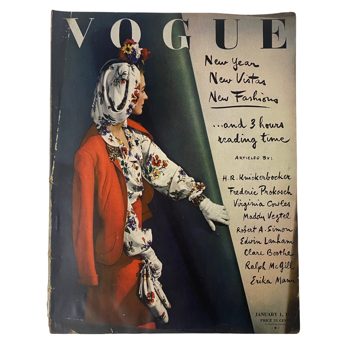 Vogue Magazine January 1, 1942 Sandy Rice Cover by John Rawlings featuring a model in a colorful floral outfit with a red jacket. The cover highlights New Year themes, fashion, and includes articles on insightful topics.