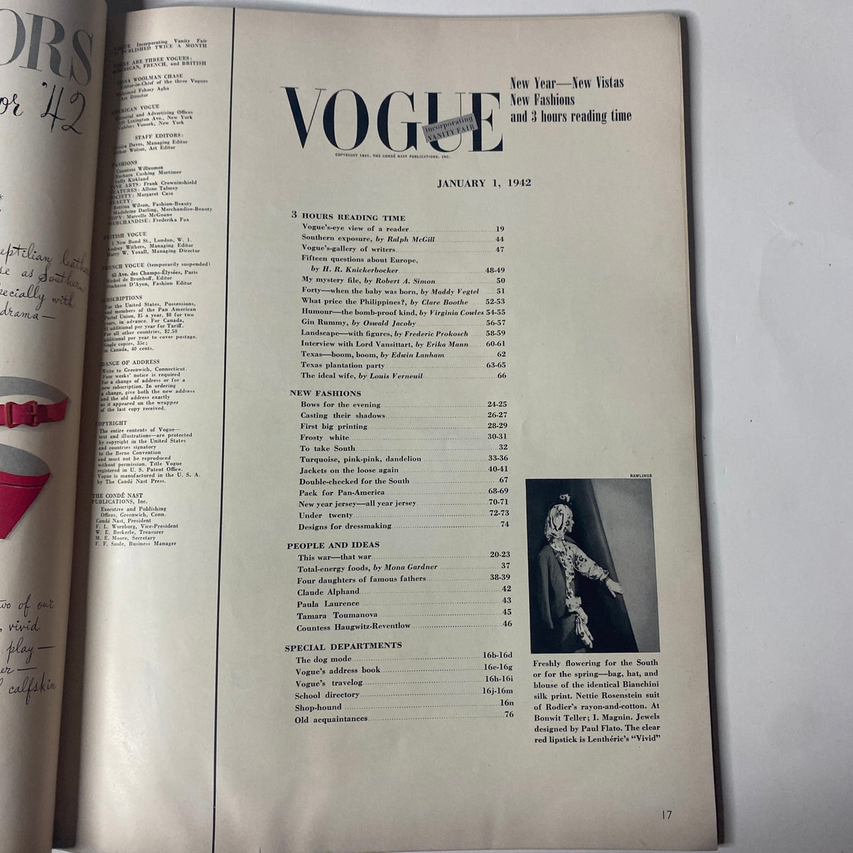 Table of contents from Vogue Magazine January 1, 1942, showcasing the layout of features including fashion ideas and articles.