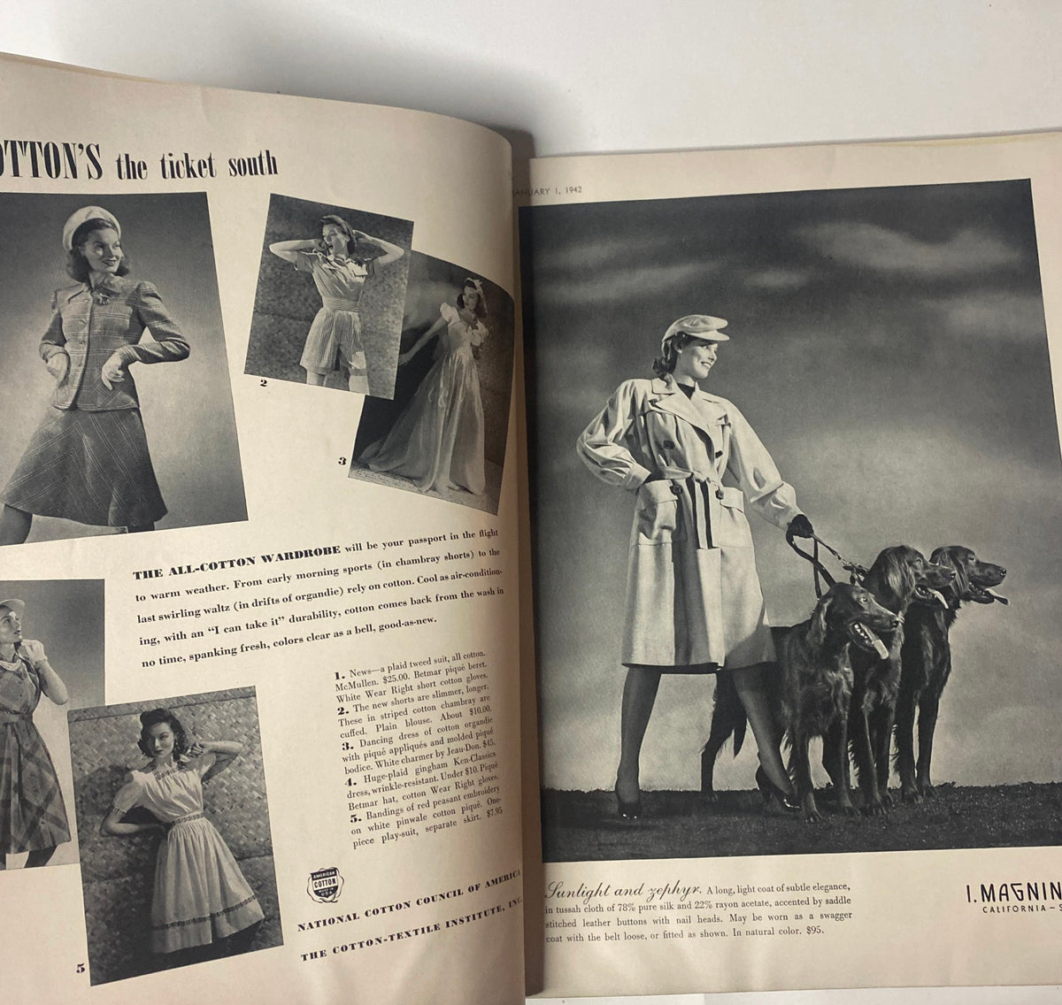 Fashion editorial spread from Vogue Magazine January 1, 1942, featuring models in all-cotton wardrobe styles, showcasing contemporary designs with elegance.