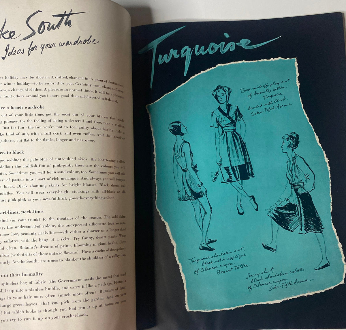 Illustrated fashion ideas page from Vogue Magazine January 1, 1942, featuring sketches of clothing designs in turquoise hues, presenting seasonal style inspirations.