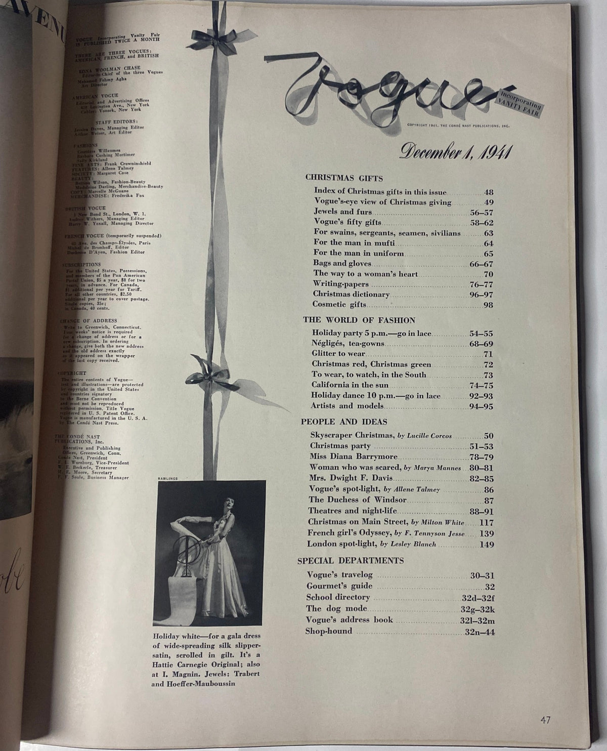 Table of contents page from Vogue Magazine December 1, 1941, showcasing Christmas gifts and fashion articles for the holiday season.