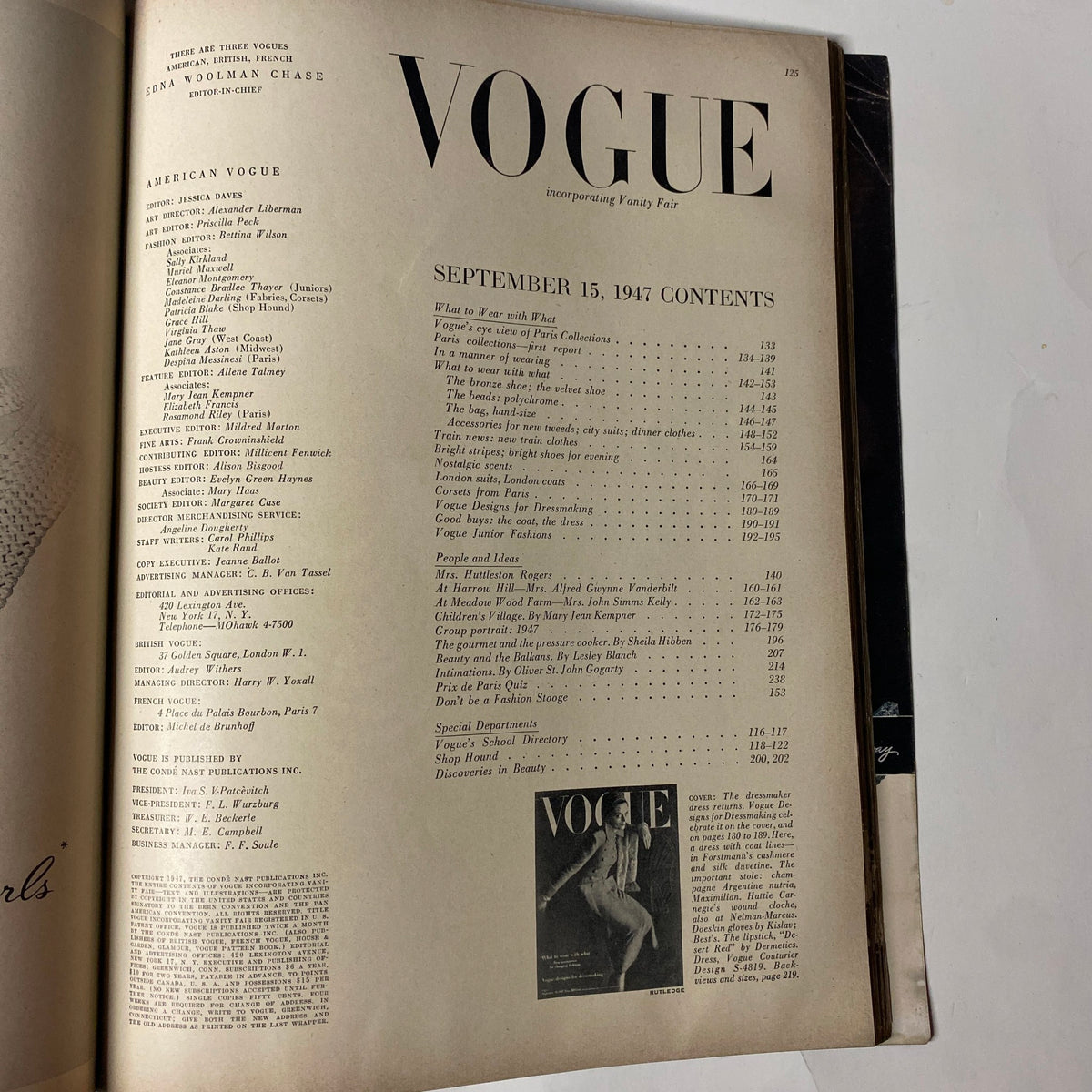 Inside page of Vogue Magazine September 15, 1947, featuring the table of contents for the issue, an important reference for vintage fashion history.