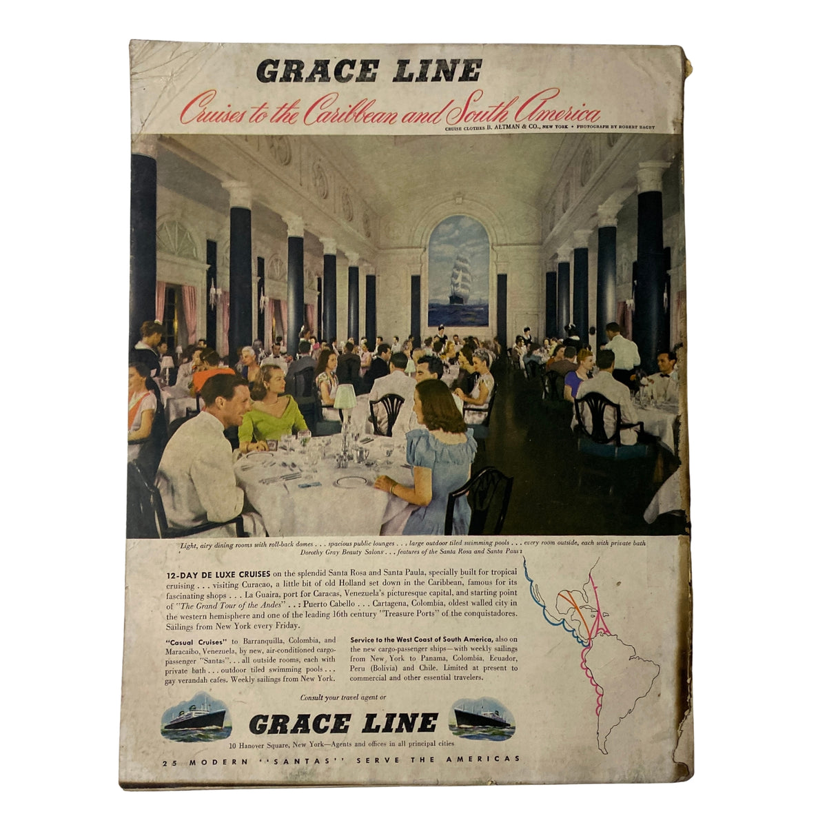 Back cover of the Vogue Magazine September 15, 1947 Kitty Kopet Cover by Richard Rutledge featuring Grace Line advertisement for cruises to the Caribbean and South America.