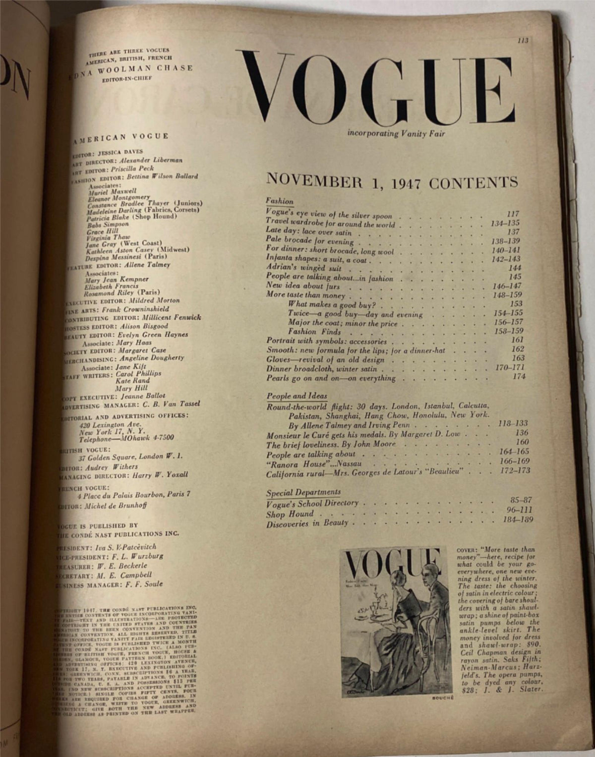 Table of Contents page from Vogue Magazine November 1, 1947, detailing fashion articles and features from the issue.