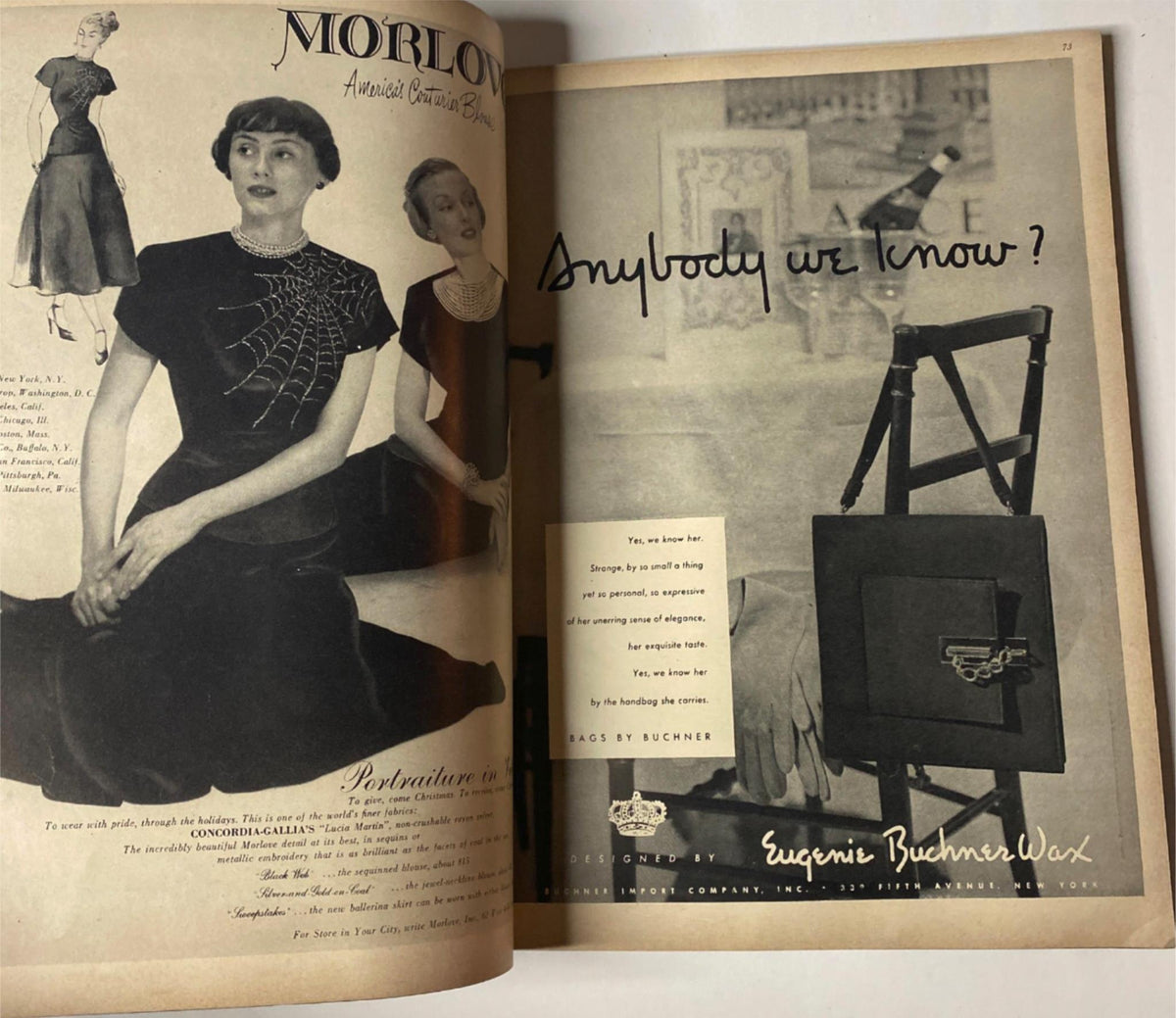 Page from Vogue Magazine November 1, 1947, featuring an advertisement from Eugenie Buchner Wax and a fashion illustration of a dress.