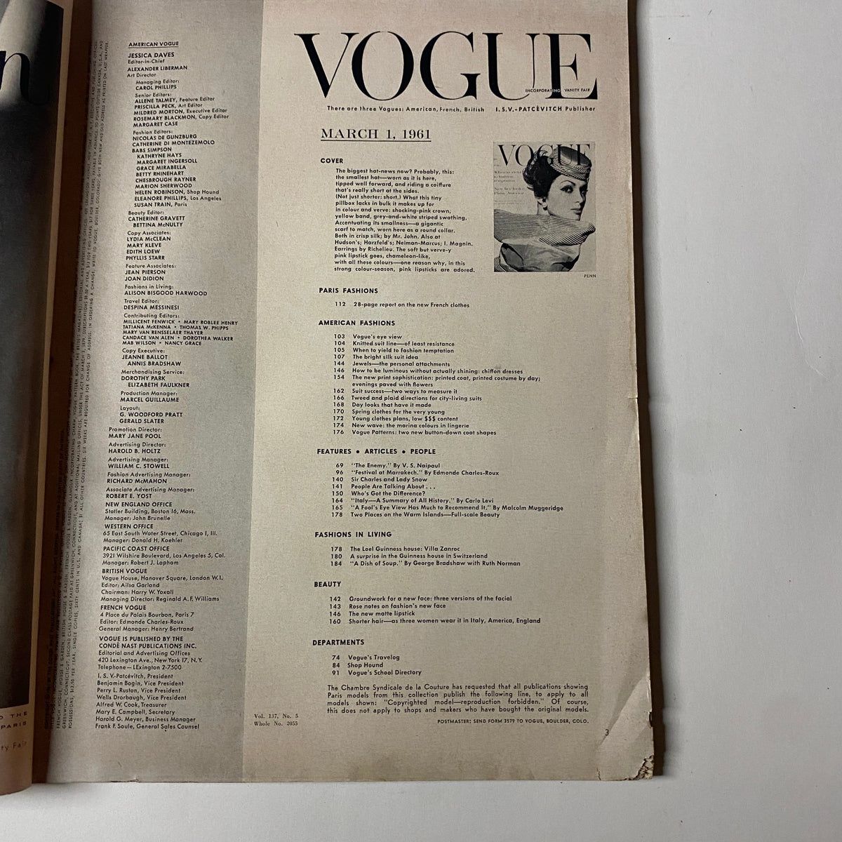 Cover page of Vogue Magazine March 1, 1961 featuring Isabella Albonico, showcasing a vintage fashion theme.