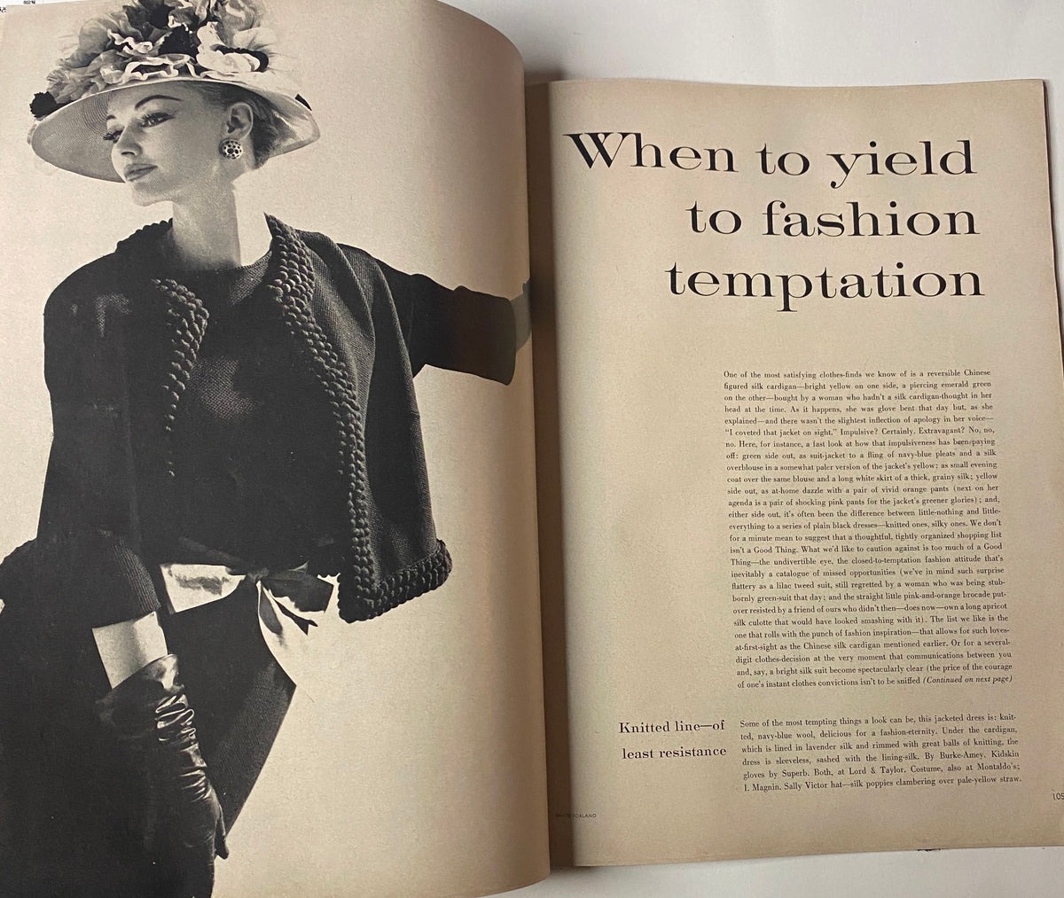 Vogue Magazine March 1, 1961 featuring an article titled 'When to yield to fashion temptation' alongside a fashionable model in a chic outfit.