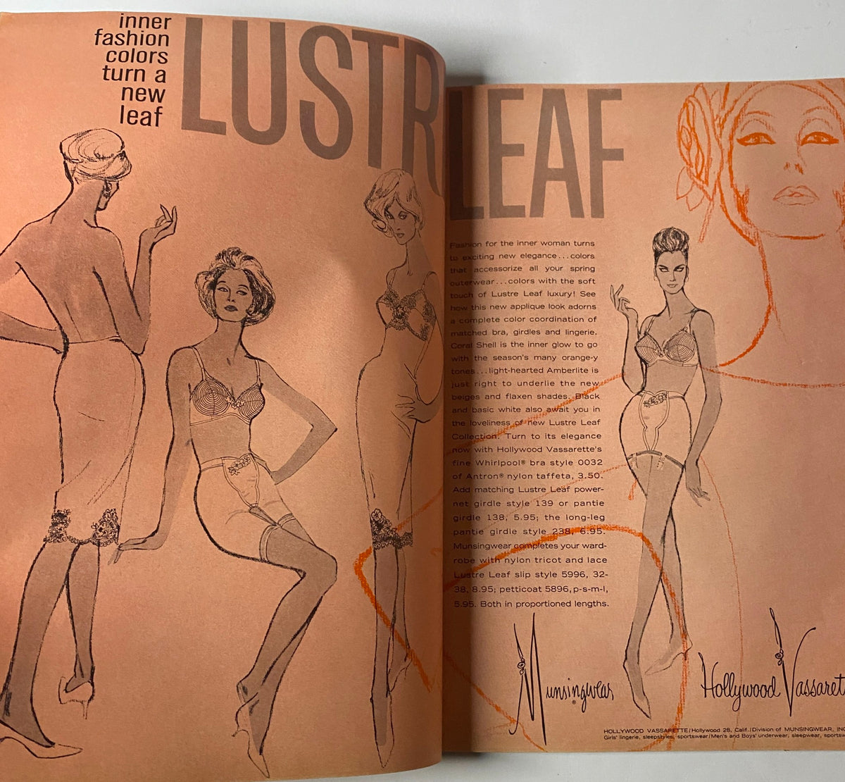 Spread from Vogue Magazine March 1, 1961 titled 'Lust Leaf' with illustrations of fashion designs and inner garments highlighting contemporary styles.