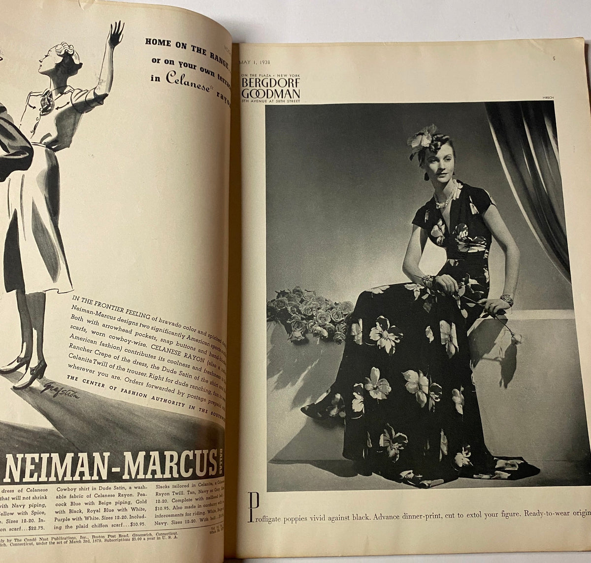 Interior page of Vogue Magazine May 1, 1938 showcasing a fashion ad with a model, underlining its vintage aesthetic.