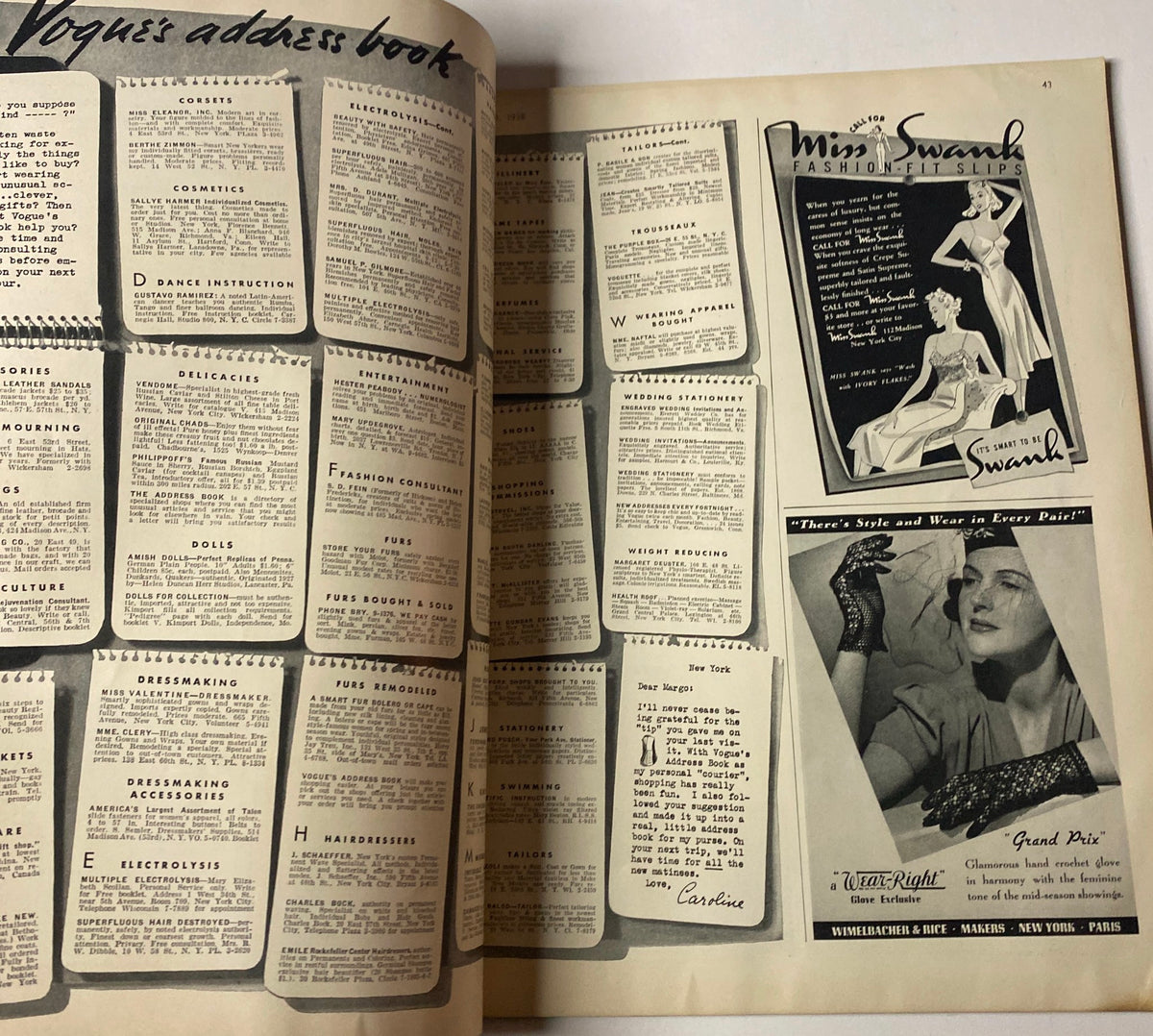 Vogue Magazine May 1, 1938 interior page showcasing an address book with fashion-related advertisements and listings.