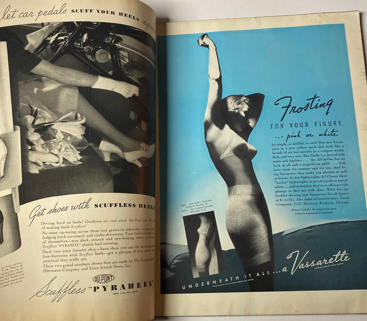 Vogue Magazine May 1, 1938 interior image featuring a vintage advertisement for body shaping garments.