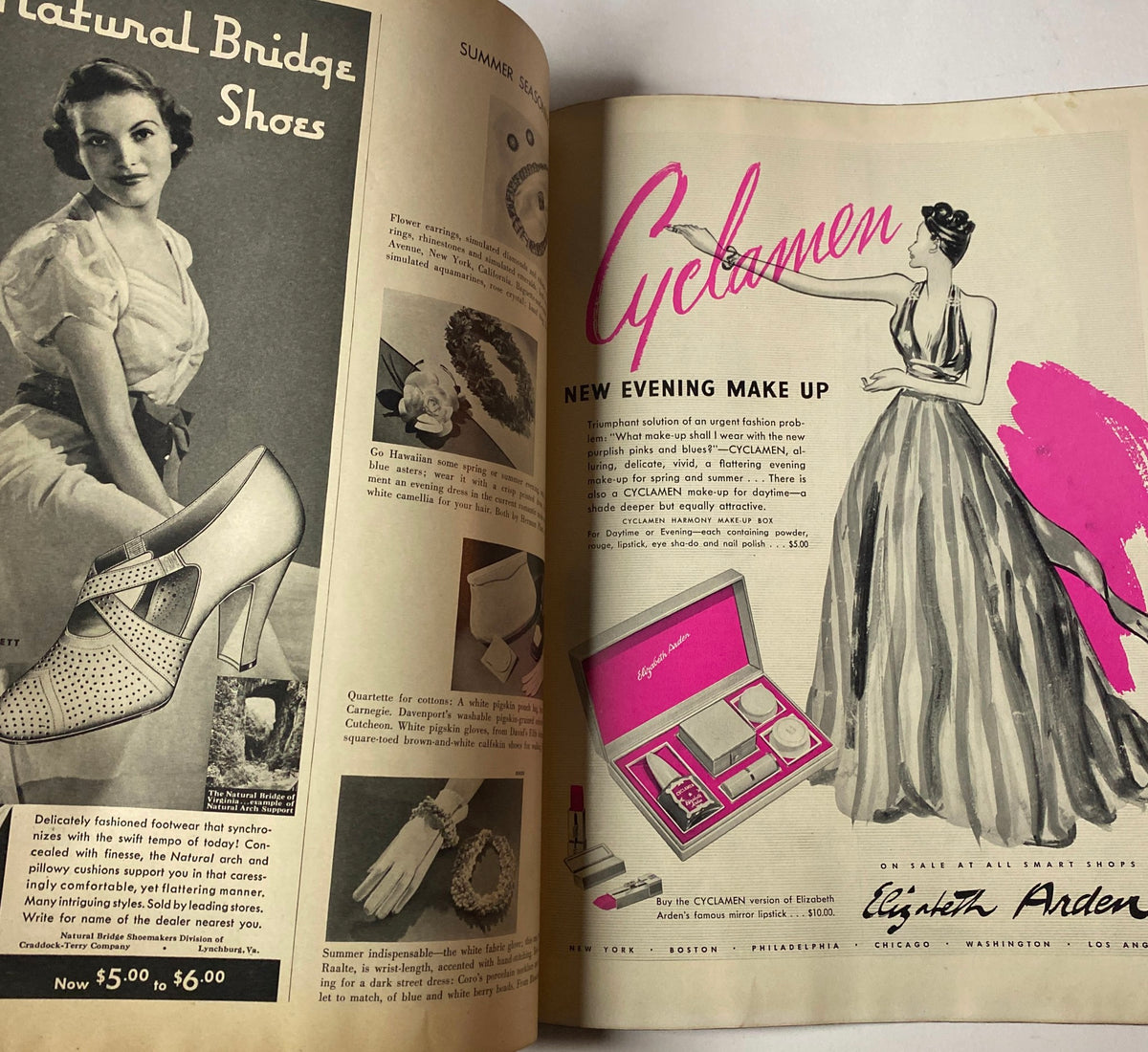 Vogue Magazine May 1, 1938 interior advertisement focusing on evening wear and cosmetics from Elizabeth Arden.