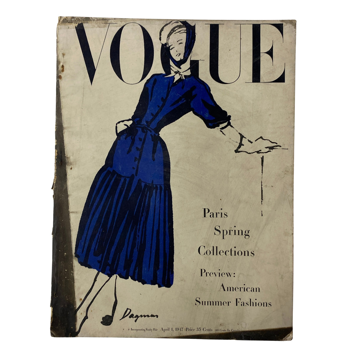 Vogue Magazine April 1, 1947 cover featuring Paris Spring Collections and preview of American Summer Fashions. Illustrated with a fashionable woman in a blue dress, showcasing mid-century fashion design.