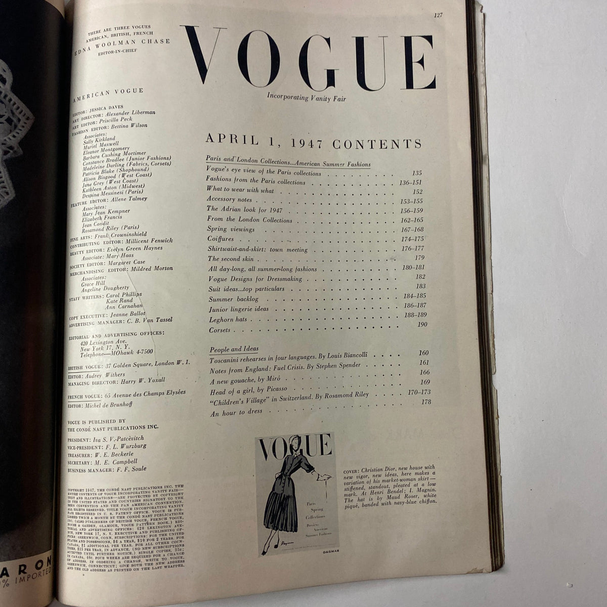 Table of Contents page of Vogue Magazine April 1, 1947, listing features on Paris and London collections and notable American Summer Fashions.