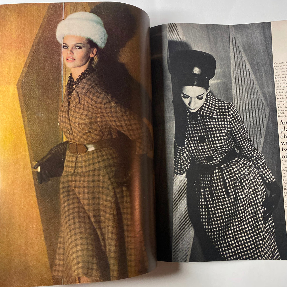 A sophisticated dual-page spread from Vogue Magazine September 15, 1962 titled 'The Blaze in Fashion', presenting high-fashion styles including check patterns and winter accessories.