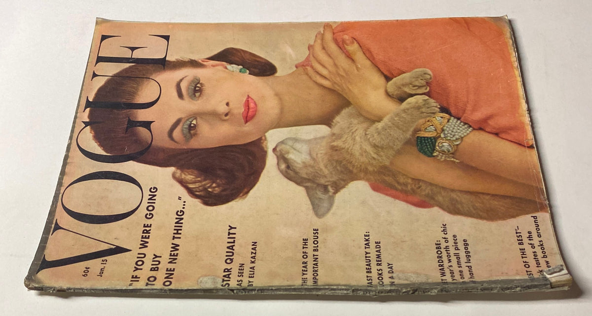 Close-up view of the Vogue Magazine January 15, 1962 cover, highlighting model Wilhelmina Cooper by Karen Radkai, with visible wear and aging, capturing the vintage aesthetic.