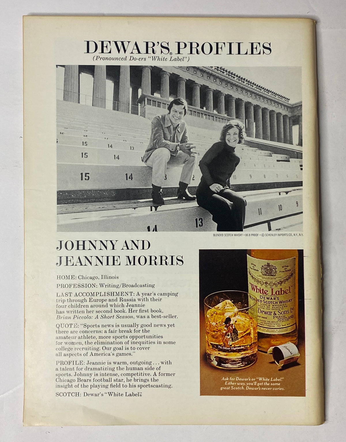 Dewar's Profiles featuring Johnny and Jeannie Morris, highlighted in The New Yorker Full Magazine - September 13, 1976, with a vintage look showcasing their accomplishments in writing and broadcasting.