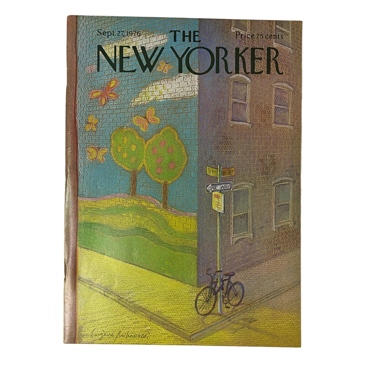 Cover of The New Yorker Full Magazine September 27, 1976 featuring a colorful illustration by Eugène Mihaesco with butterflies and trees, in very good condition.