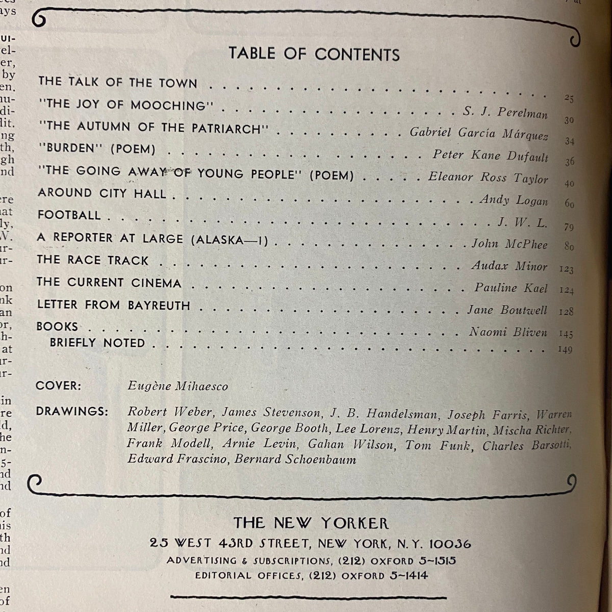 Table of contents from The New Yorker Full Magazine September 27, 1976, listing featured articles including 'The Joy of Mooching' and 'The Autumn of the Patriarch', with a note on cover artist Eugène Mihaesco.