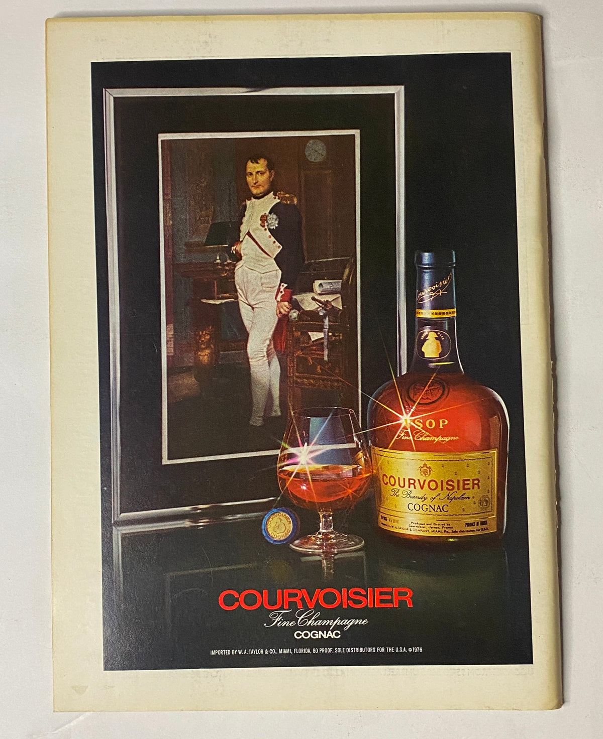 Back cover advertisement for Courvoisier Cognac featuring a portrait in a frame and a glass of cognac, from The New Yorker Full Magazine September 27, 1976.
