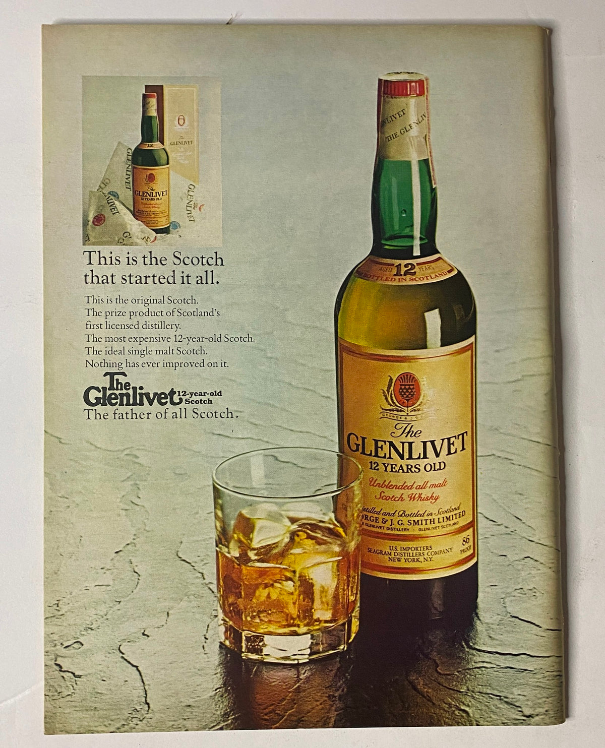 Vintage advertisement for The Glenlivet 12 Years Old Scotch Whisky, showcasing the bottle and glass, from The New Yorker Full Magazine October 4, 1976.