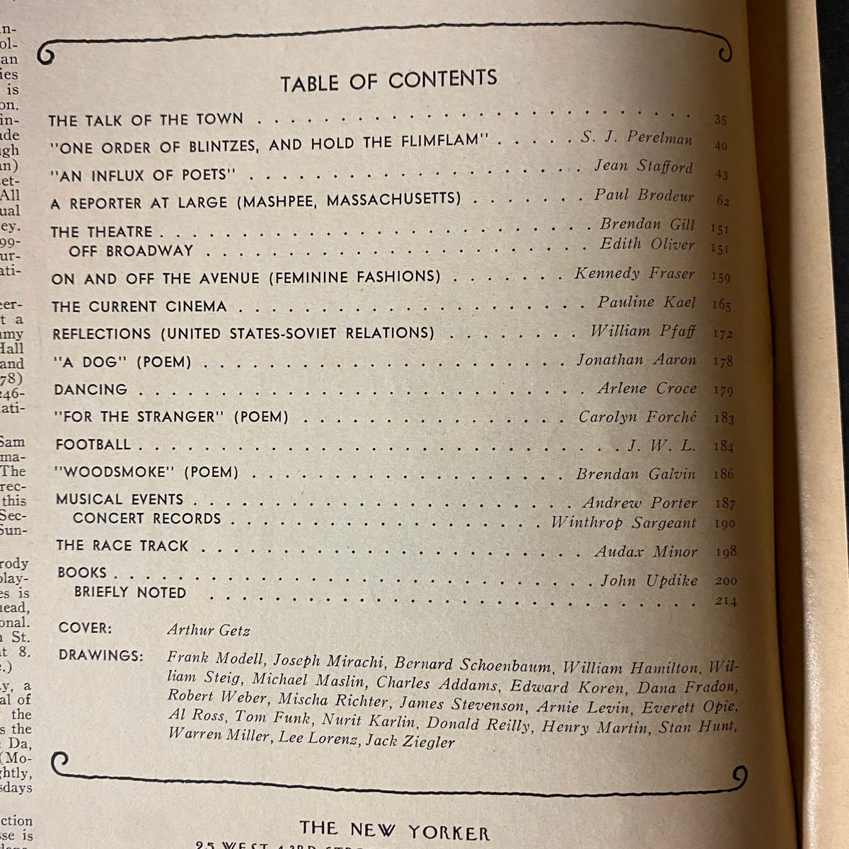 Table of Contents from The New Yorker Full Magazine November 6, 1978, listing notable articles and contributors including S. J. Perelman and Jean Stafford, showcasing the magazine's literary diversity.