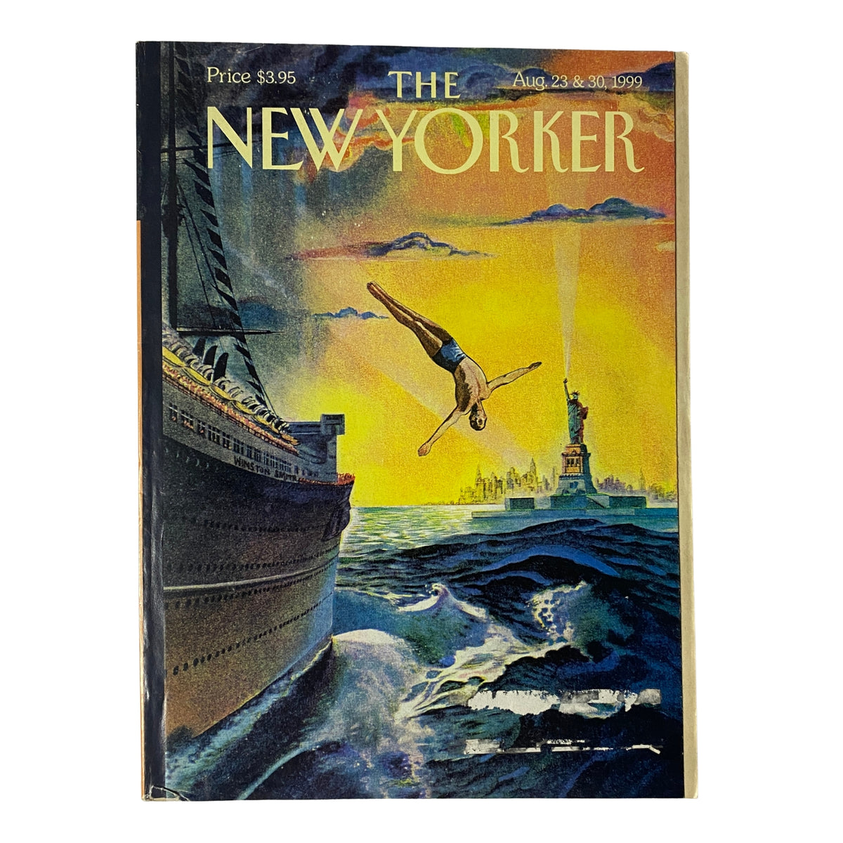 The New Yorker Full Magazine August 23 & 30, 1999 Winston Smith Cover featuring a diver plunging into ocean waves with the Statue of Liberty in the background, showcasing vibrant colors and dynamic art.