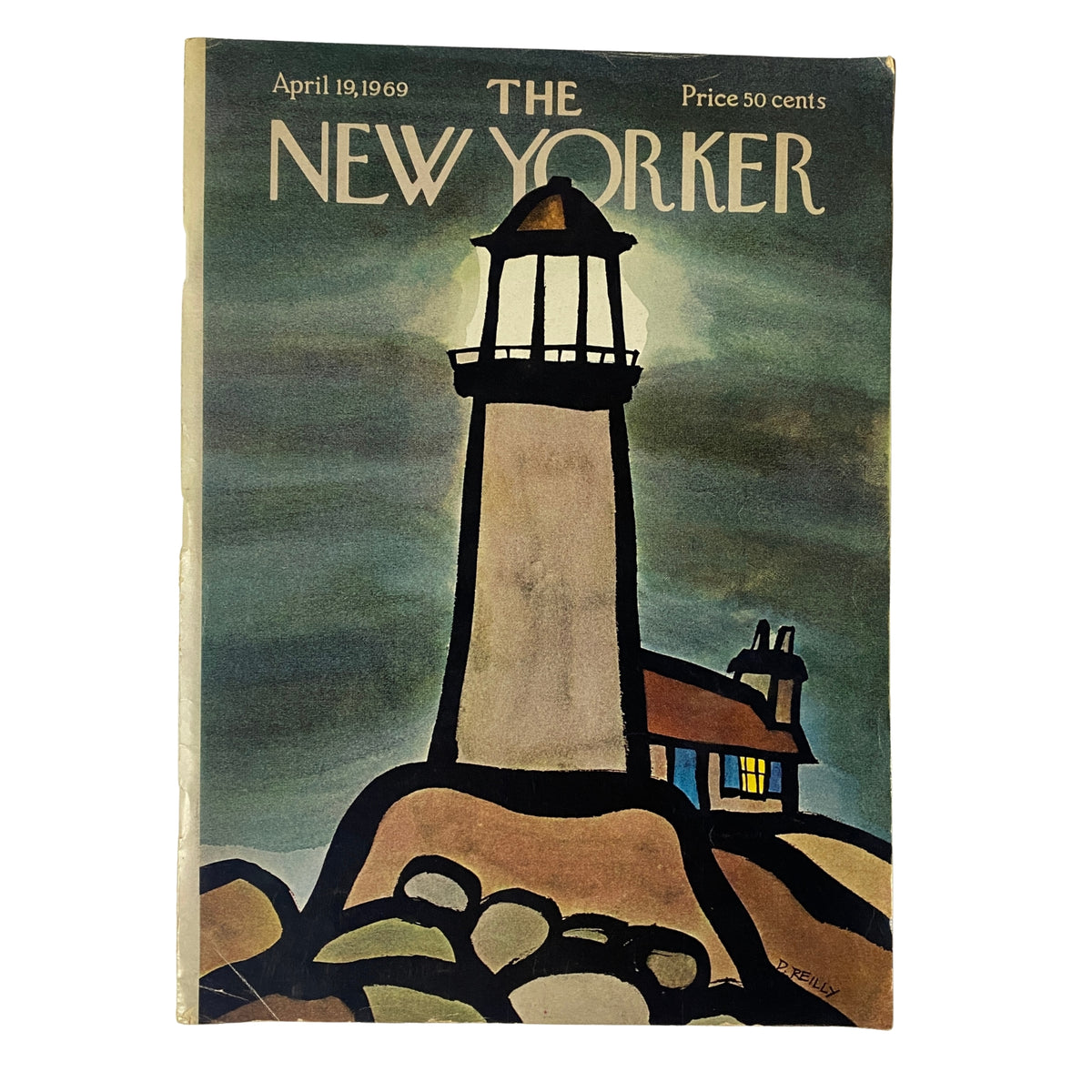 The New Yorker Full Magazine April 19, 1969 featuring a lighthouse cover illustration by Donald Reilly. This vintage magazine showcases the unique artistic style and humor typical of The New Yorker during the late 1960s.