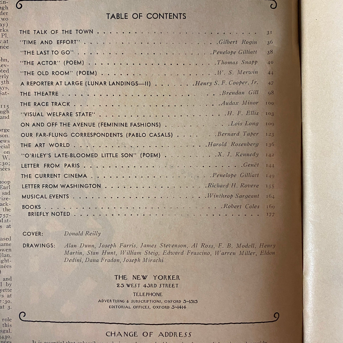 Table of Contents from The New Yorker Full Magazine April 19, 1969. It lists featured articles and contributors, highlighting the literary depth and cultural commentary of the issue.