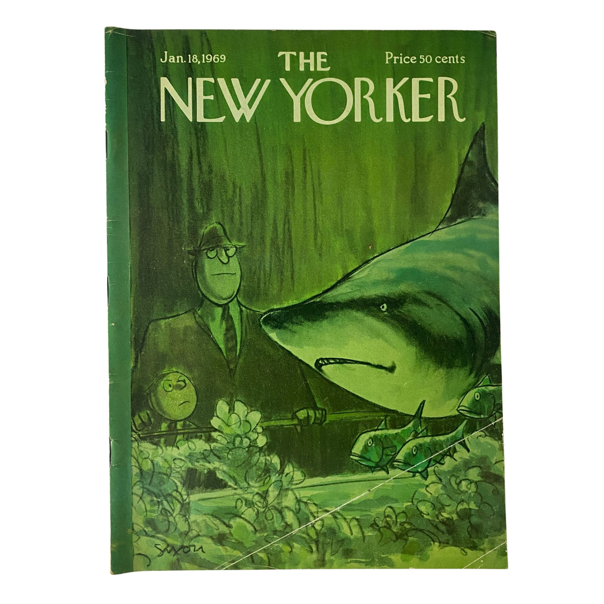 The New Yorker Full Magazine January 18, 1969 Charles Saxon Cover featuring a humorous illustration of a shark and a man in a suit, showcasing the iconic style of Charles Saxon.