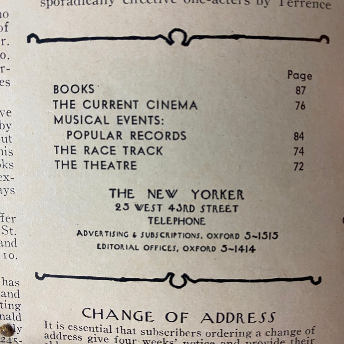 Interior page of The New Yorker Full Magazine January 18, 1969, displaying the table of contents including sections on books, cinema, and theatre.