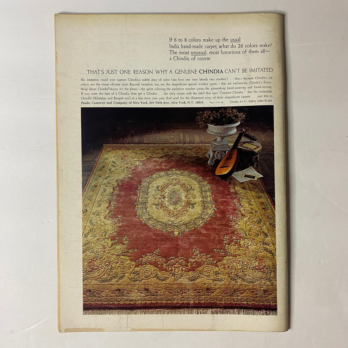 Back cover of The New Yorker Full Magazine January 18, 1969, featuring an advertisement for a luxurious handmade rug, illustrating the vintage advertising style of the era.