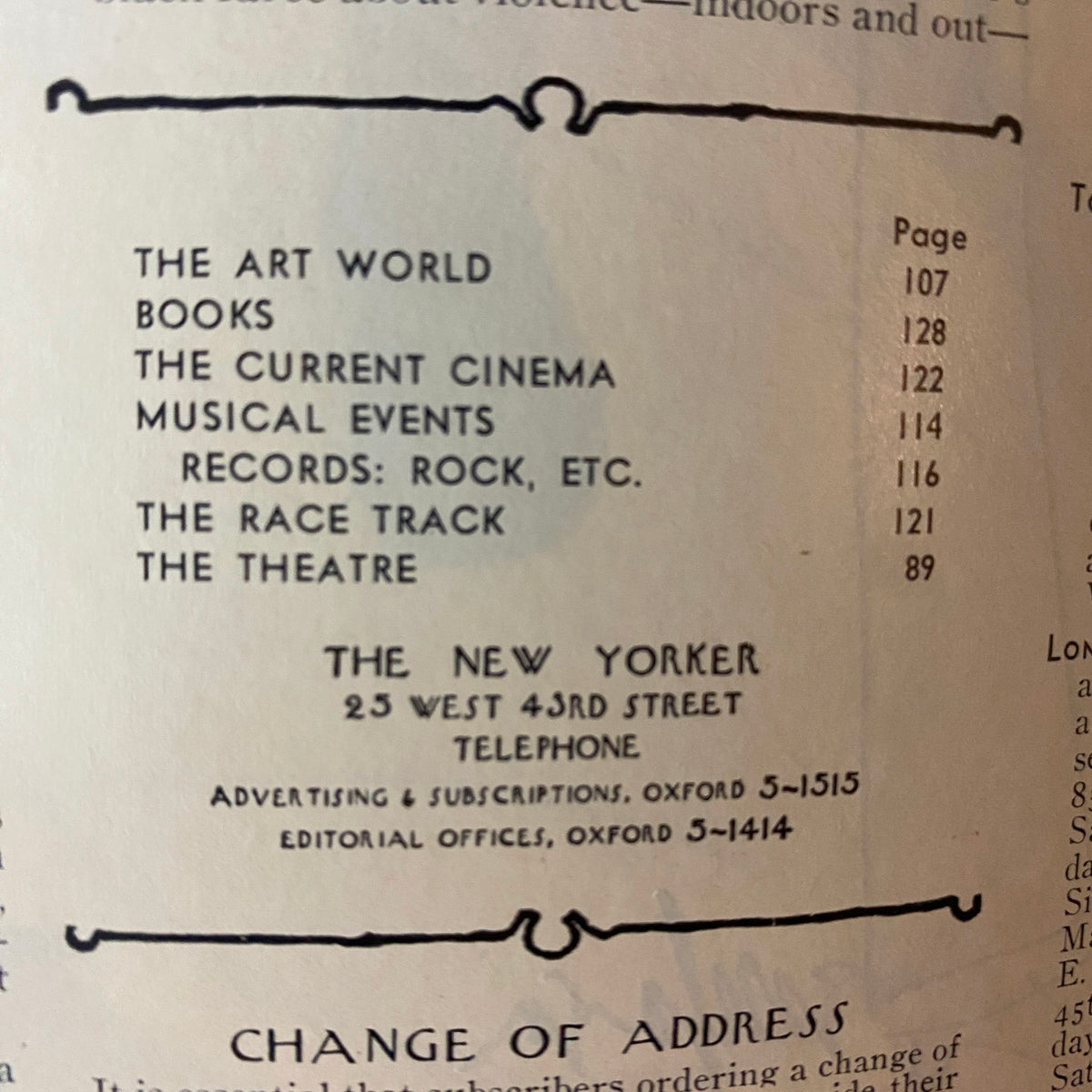 Table of contents page from The New Yorker Full Magazine February 22, 1969, listing key sections including The Art World, Books, and The Current Cinema.