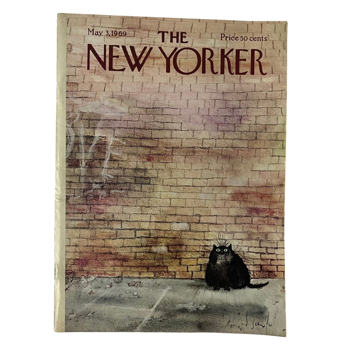 The New Yorker Full Magazine May 3, 1969 Ronald Searle Cover featuring a whimsical illustration of a black cat sitting in front of a textured brick wall.