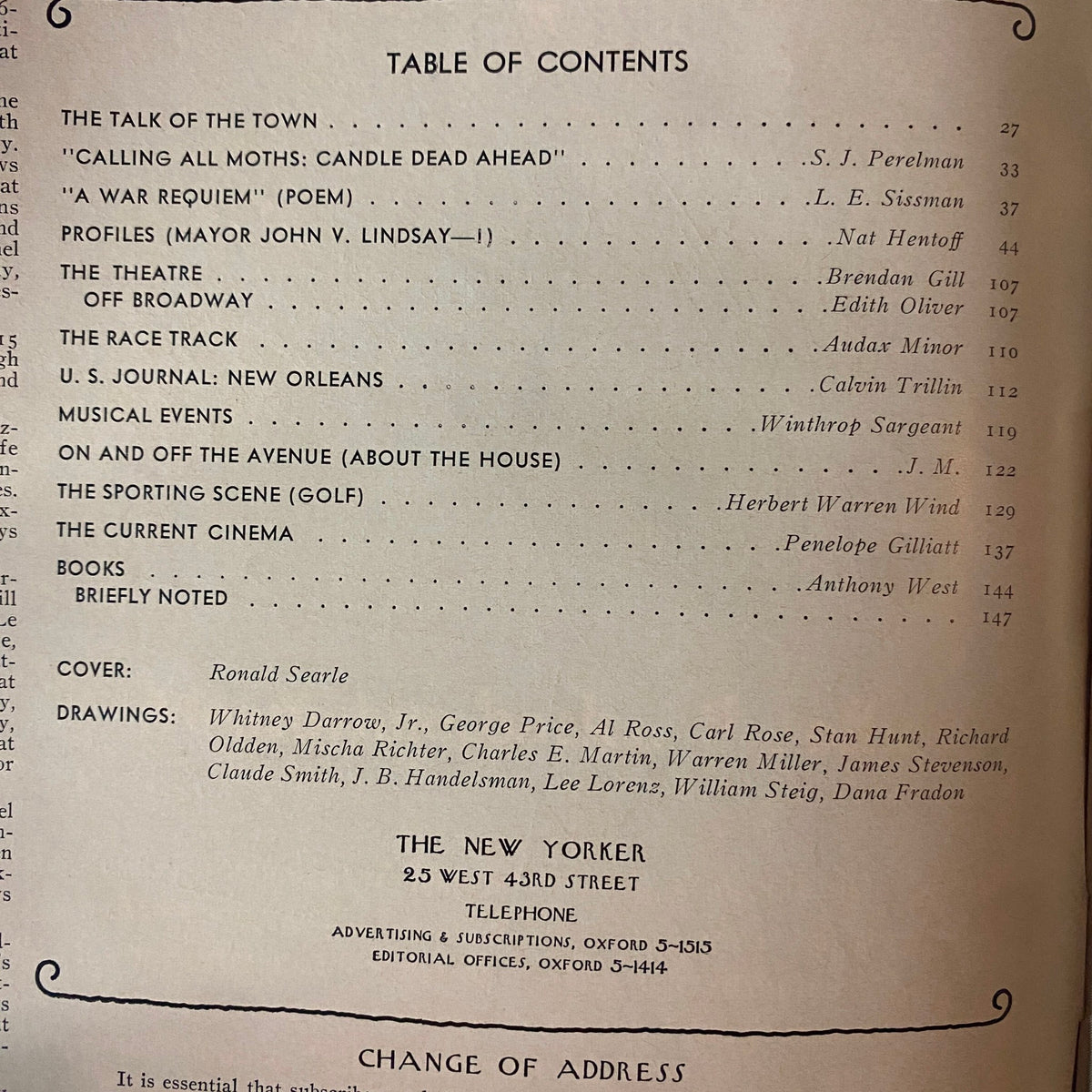 Table of contents page from The New Yorker Full Magazine May 3, 1969 detailing featured articles including contributions from S. J. Perelman and Nat Hentoff, designed by Ronald Searle.