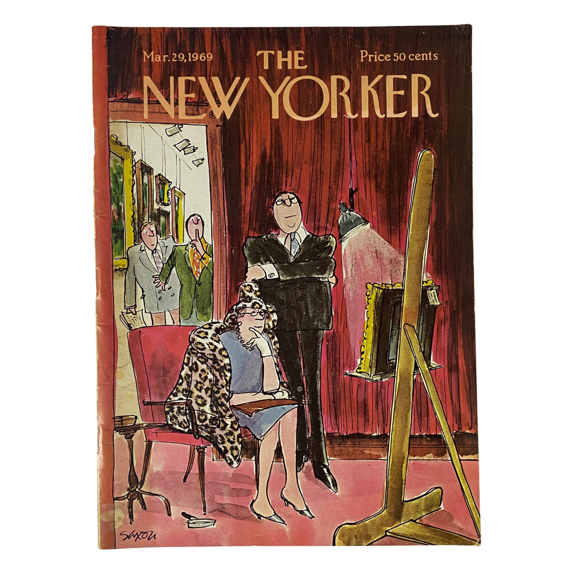 Cover of The New Yorker Full Magazine March 29, 1969 showcasing a colorful illustration by Charles Saxon, depicting a man and a woman in a gallery setting, highlighting mid-century design and art culture.