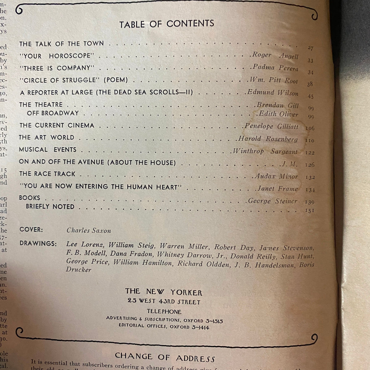 Inside page featuring the table of contents from The New Yorker Full Magazine March 29, 1969, detailing various articles and contributors including Roger Angell and Brendan Gill, reflecting the magazine's literary depth and cultural insights.