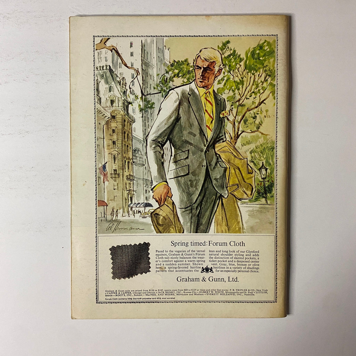 Back cover illustration of The New Yorker Full Magazine April 5, 1969 depicting a stylish man in a suit, advertising 'Graham & Gunn, Ltd.'