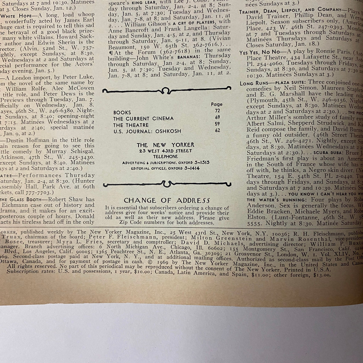 Interior page from The New Yorker Full Magazine January 4, 1969, displaying the table of contents including sections on books and the current cinema.