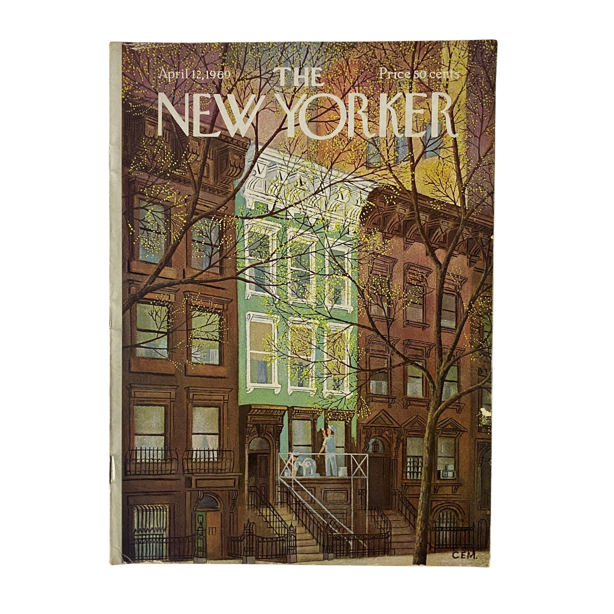 The New Yorker Full Magazine April 12, 1969 featuring a charming cover illustration by Charles E. Martin showcasing a warm depiction of urban living.