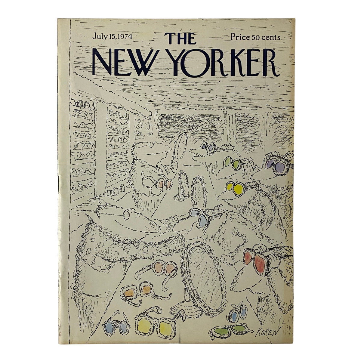 The New Yorker Full Magazine July 15, 1974 with an Edward Koren cover illustration featuring quirky characters and sunglasses in a humorous scene.