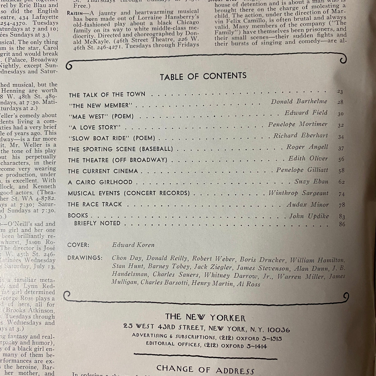 Table of contents from The New Yorker Full Magazine July 15, 1974, detailing the featured articles and contributing artists, including Edward Koren.