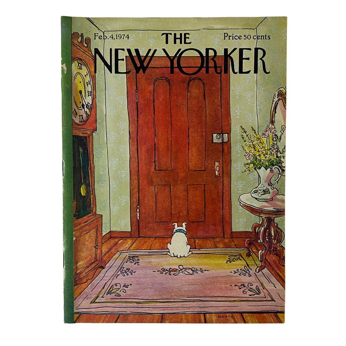 The New Yorker Full Magazine February 4, 1974 George Booth Cover featuring a whimsical illustration of a dog sitting by a closed door in a vintage interior setting, perfect for collectors of classic magazines.