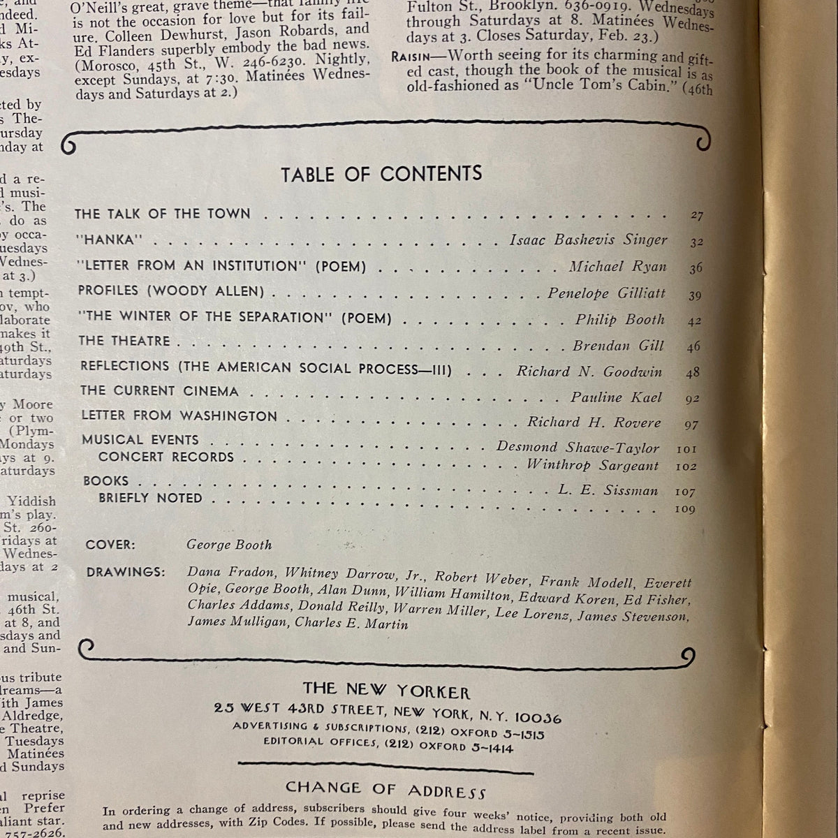 Table of contents from The New Yorker Full Magazine February 4, 1974 George Booth Cover, detailing featured articles and contributors.